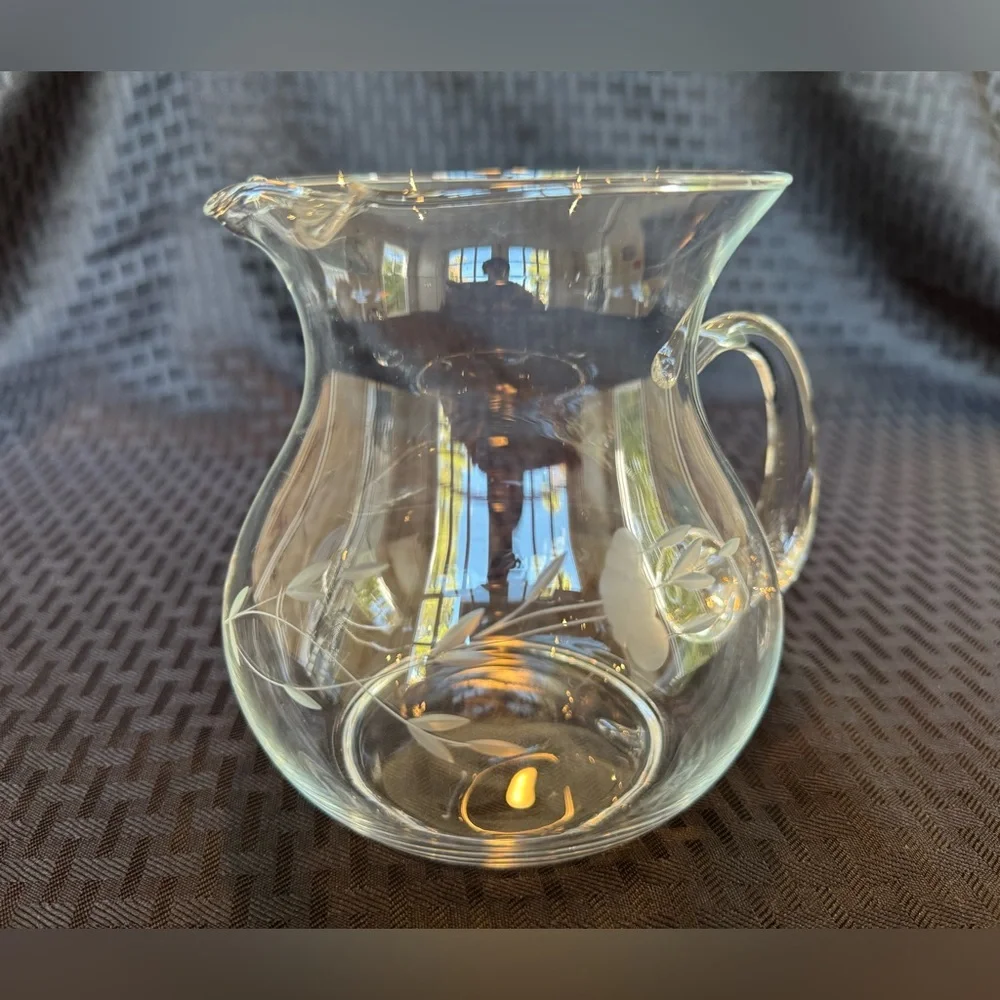 Princess House Heritage Crystal Glass Pitcher Etched Floral 30 oz 5.5” NWOT